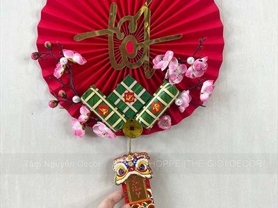 Vòng treo cửa Quạt giấy nhung Đỏ Tết bánh chưng xanh [3 kiểu - Nhẹ] N30cm VTC-T-47